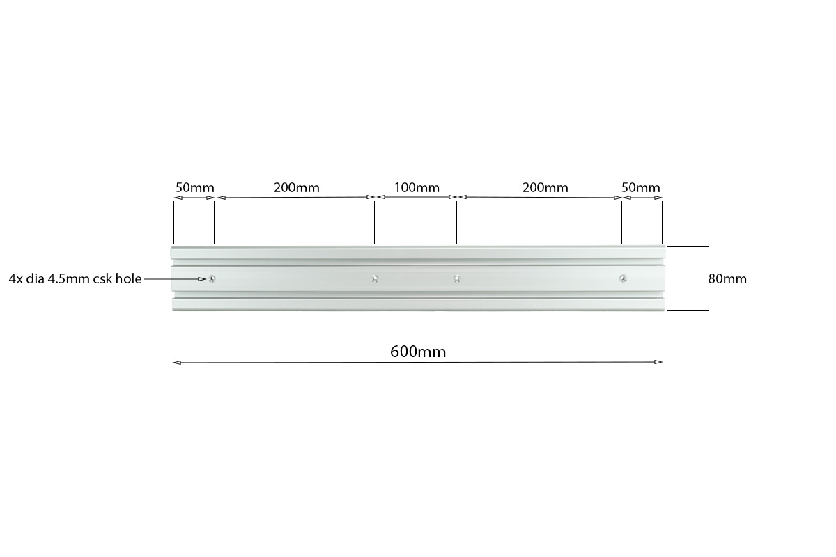 600mm Screw-Down Rail - 2xT-Slot - 4 x Csk Holes - Image 2